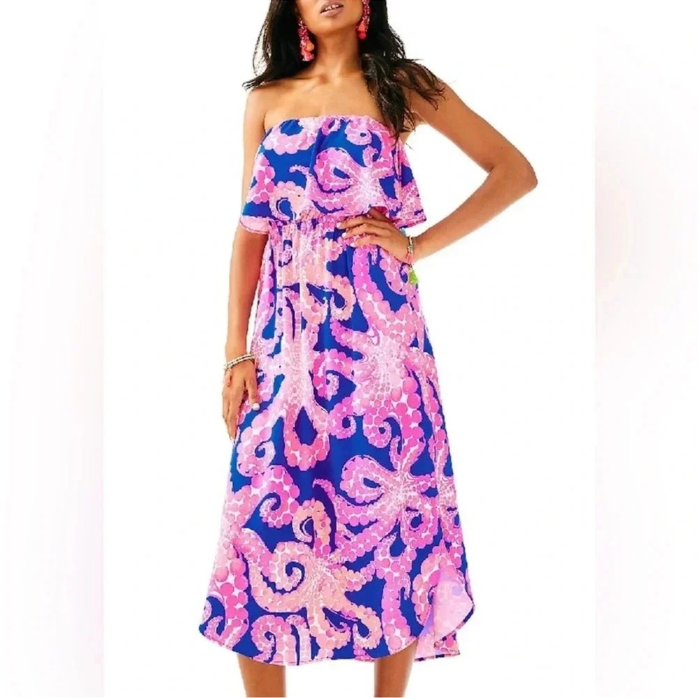 Lilly Pulitzer Meridian Midi Pink Blue Ikat Mocean Octopus Strapless Ruffle XS